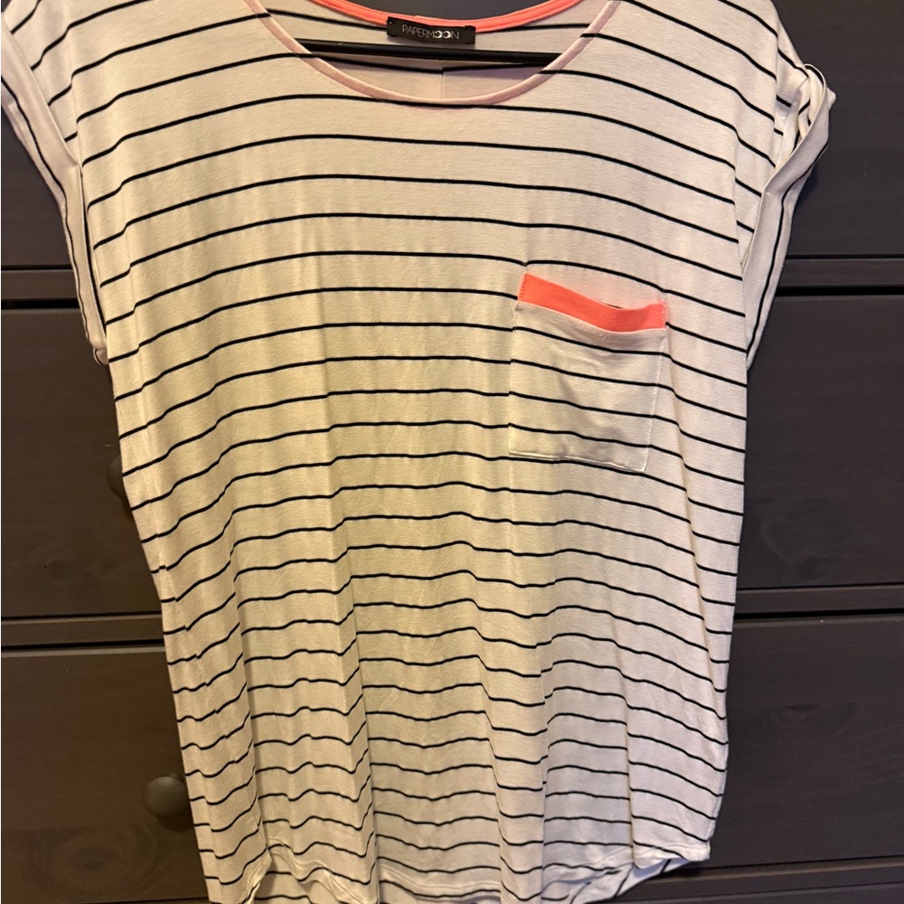 Papermoon White and Black Striped Top with Pink Accents